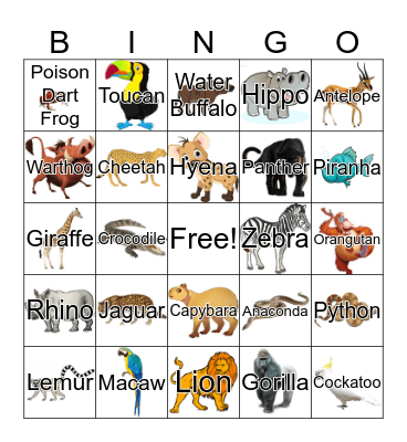 Jungle Animal Bingo Card