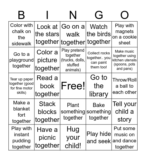 Activities to do with your child Bingo Card