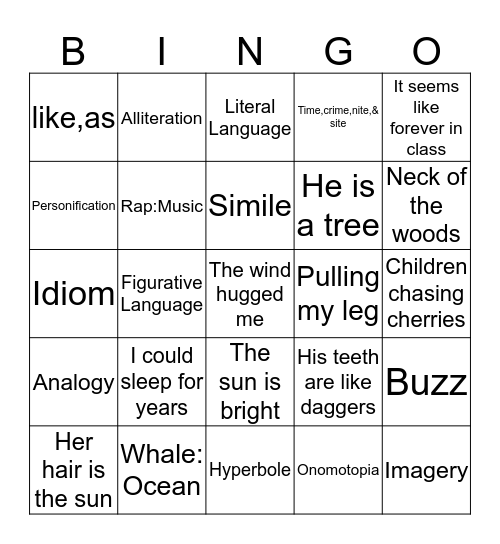 English Bingo Card