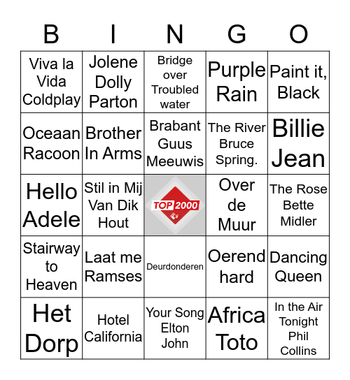 MuziekBingo Top 2000 Bingo Card