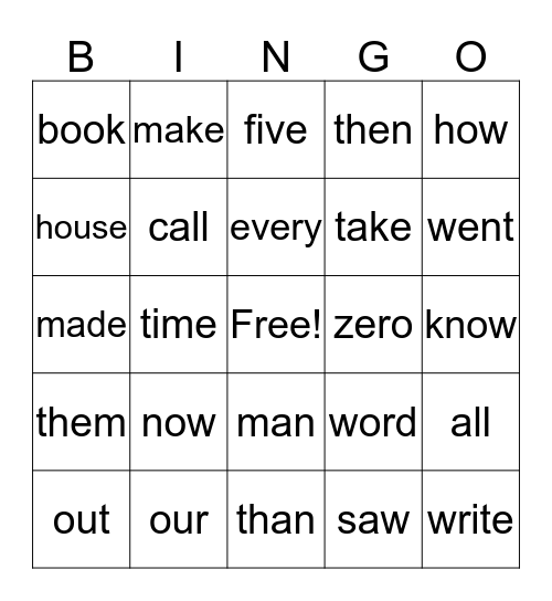 High Frequency Word Bingo Card