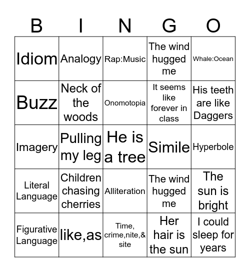 English  Bingo Card