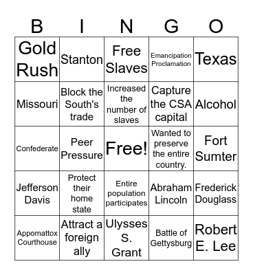 Civil War Bingo Card