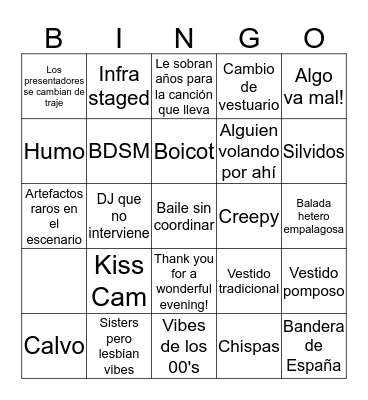 Eurovision 2019 Bingo Card