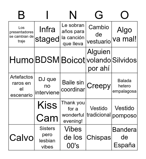 Eurovision 2019 Bingo Card