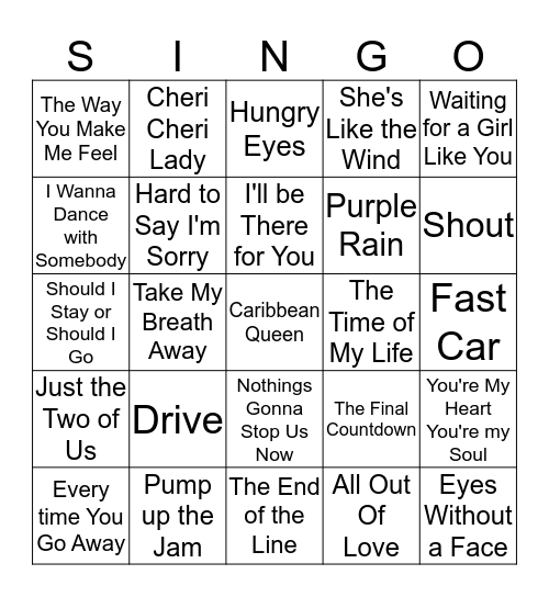 Singing Through the 80's Bingo Card