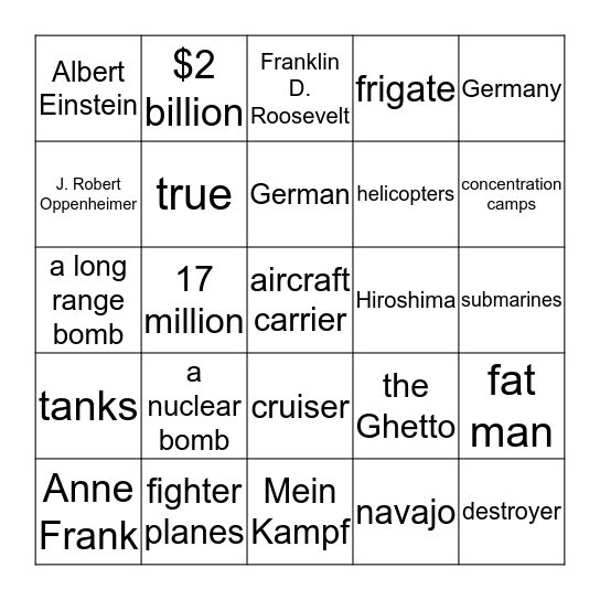 Quiz #9 Bingo Card