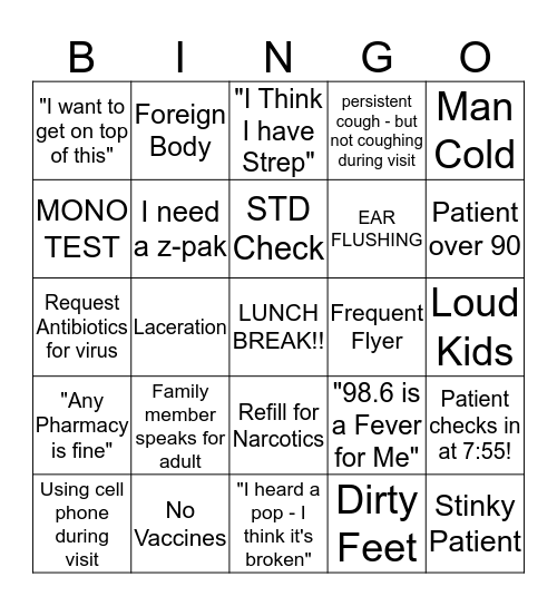 MedExpress Bingo Card