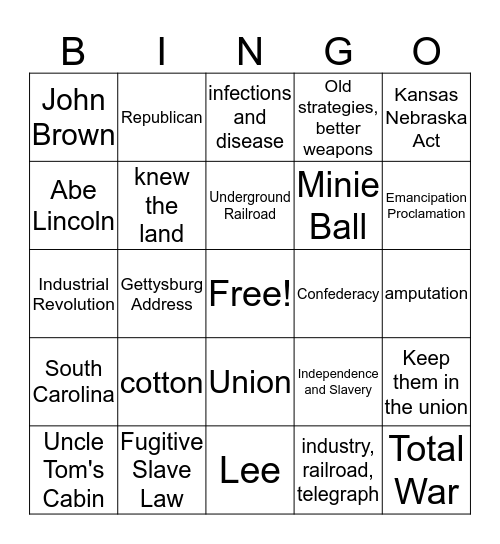 A Nation Divided - Civil War Bingo Card