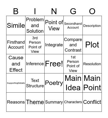 Reading Vocabulary Bingo Card