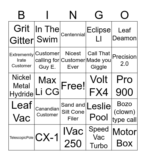 Water Tech Call Center BINGO Card