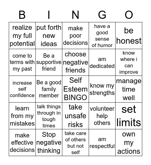 Self Esteem Bingo Card