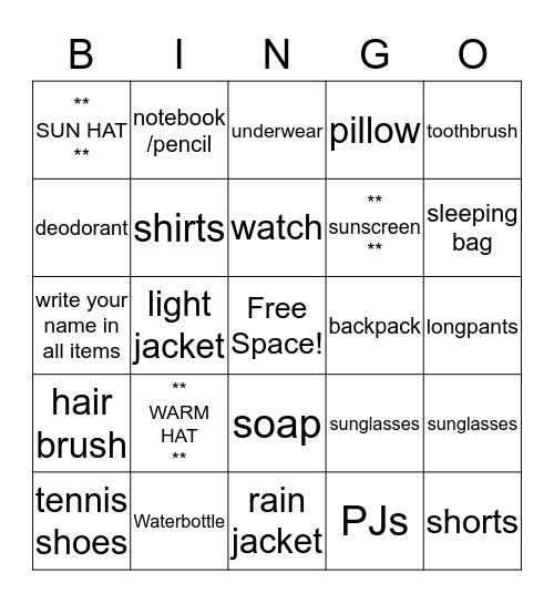 WOLF Packing List  Bingo Card