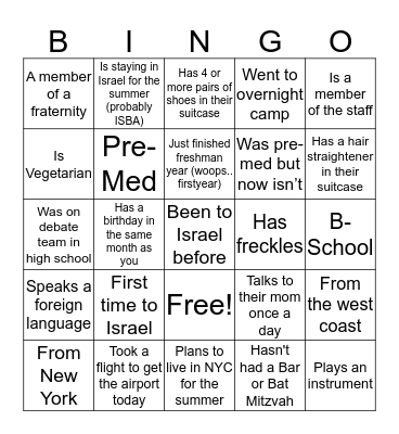 Mayanot Birthright Summer 2019 Bingo Card