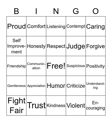 Relationship  Bingo Card