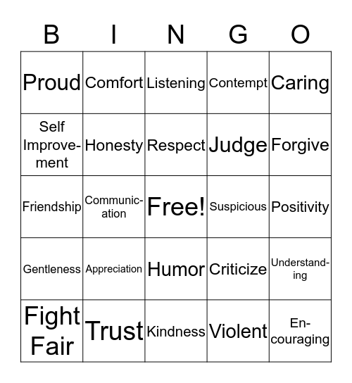 Relationship  Bingo Card