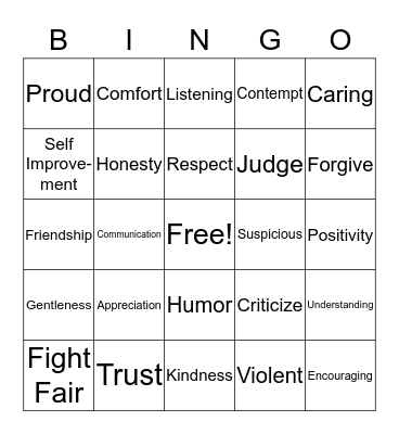 Relationship  Bingo Card