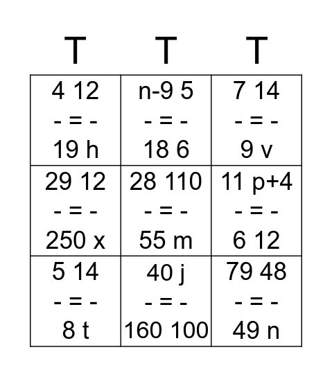 proportions! Bingo Card