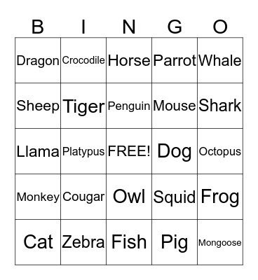 ANIMAL BINGO! Bingo Card