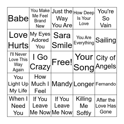 70s Love Songs Bingo Card