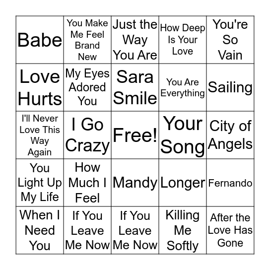 70s Love Songs Bingo Card