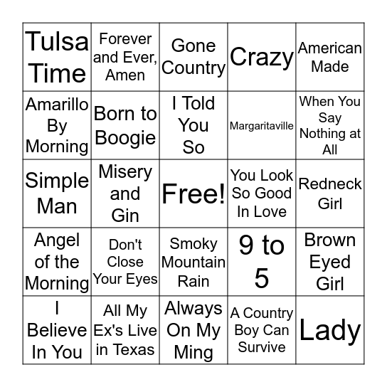80s Country Hits Bingo Card