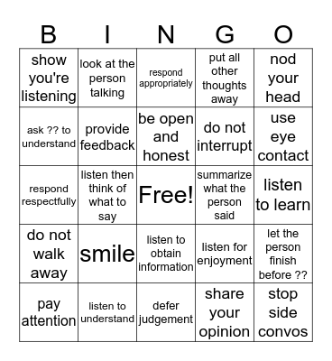 Listening skills Bingo Card