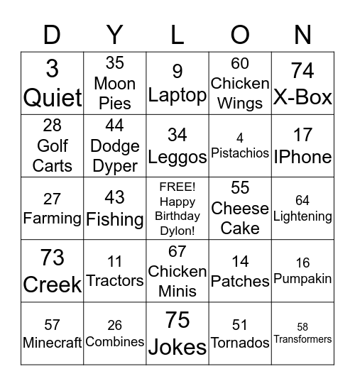 Dylon's Birthday Bingo   2014 Bingo Card