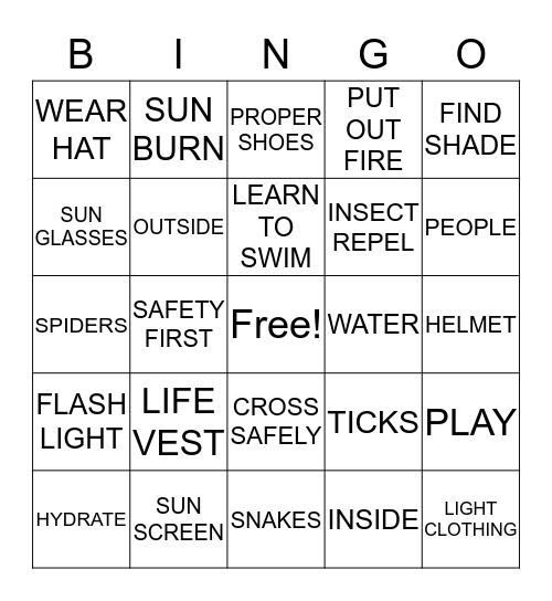 SUMMER SAFETY Bingo Card