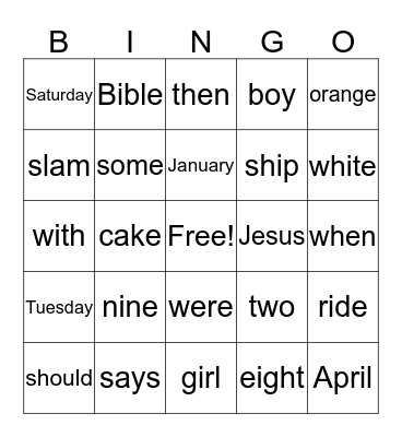 Sight Word Bingo Card