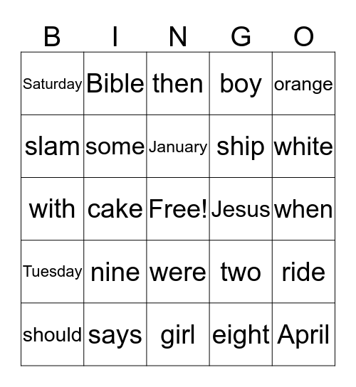 Sight Word Bingo Card