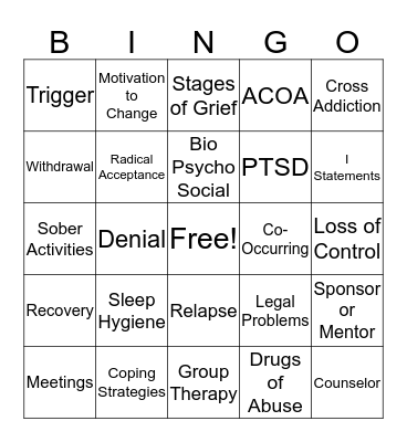 Recovery Bingo Card