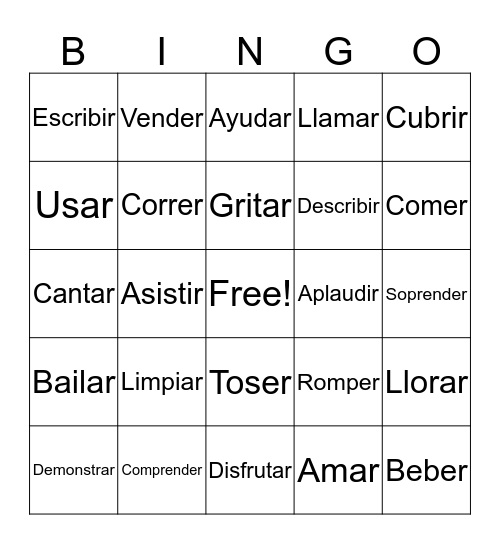 Spanish Verbs Bingo Card