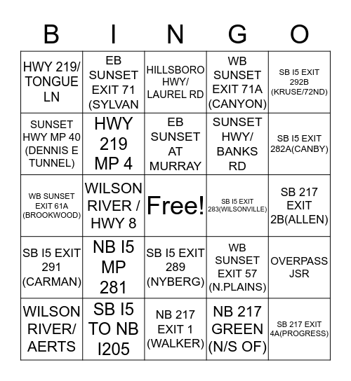 HIGHWAY/INTERSTATE BINGO Card