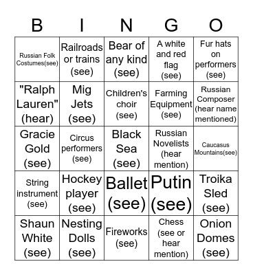 2014 OPENING CEREMONIES BINGO SOCHI Bingo Card