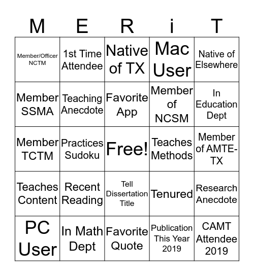 Getting to Know Math Education Researchers in TX Bingo Card