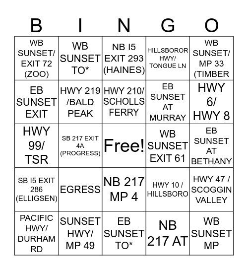 HIGHWAY/INTERSTATE BINGO Card