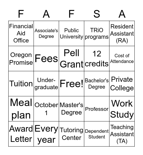 College Bingo Card