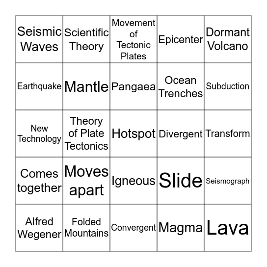 Unit  #7 and Unit #8  Plate Tectonics Bingo Card