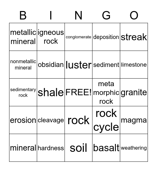 Rocks, Minerals, and Soil Bingo Card