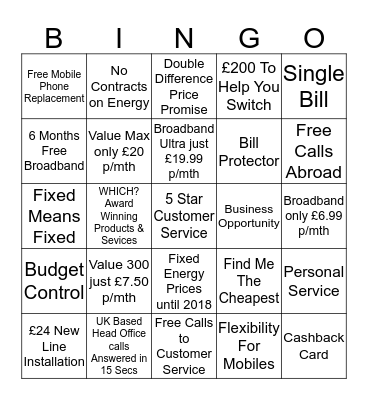 UTILITY WAREHOUSE  Bingo Card