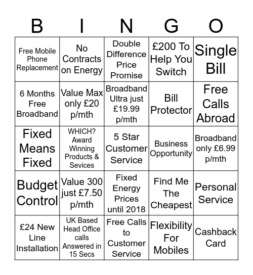 Utility Warehouse Bingo Card