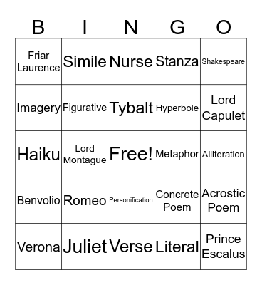 Romeo and Juliet / Poetry Bingo Card