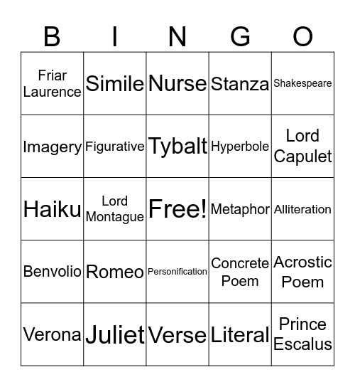 Romeo and Juliet / Poetry Bingo Card