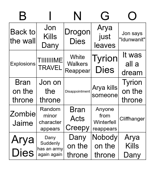 Game Of Thrones Finale Bingo Card