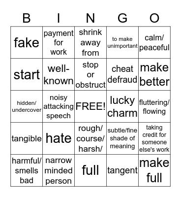 VOCABULARY  Bingo Card