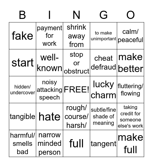 VOCABULARY  Bingo Card