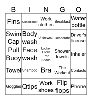 Stuff I Forgot to Pack for Swim Bingo Card
