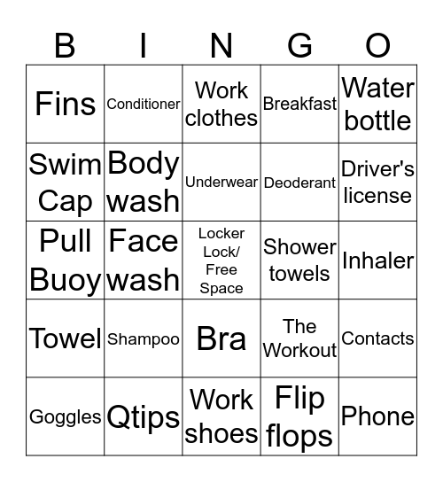 Stuff I Forgot to Pack for Swim Bingo Card