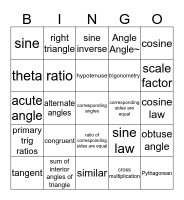 Trigonometry etc. Bingo Card